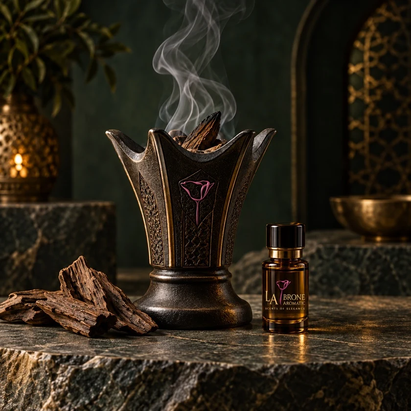 Illustrative incense burner and fragrance oil with the La Brone logo